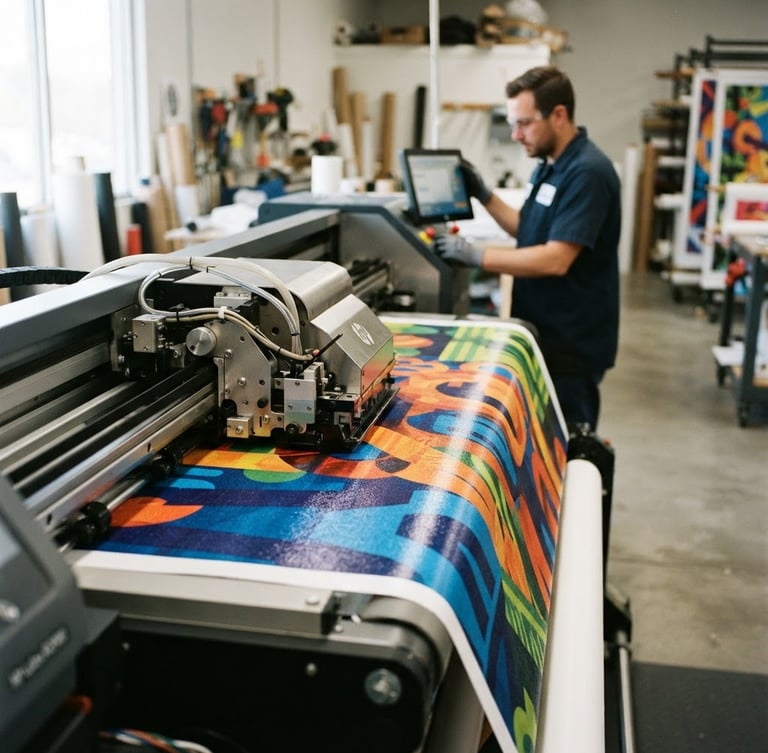 Crisp industrial photography of a large format printer actively printing a vibrant banner, with a worker in the background, sharp focus on texture and color, 35mm.