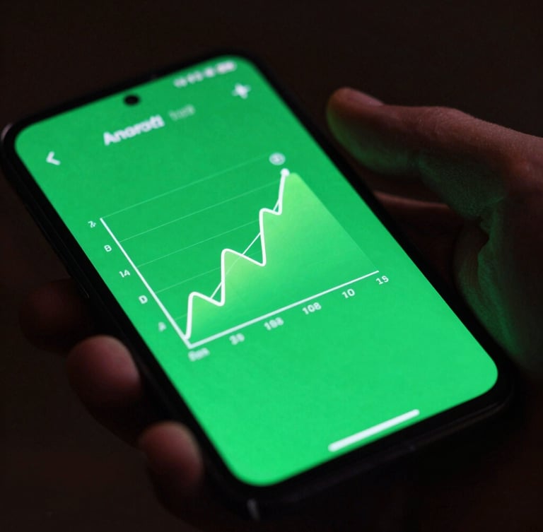 Extreme close-up macro shot of a physical Android flagship device screen showing a glowing high-fidelity UI vector graph, dramatic low-key studio lighting with green screen glow illuminating a hand, dark background
