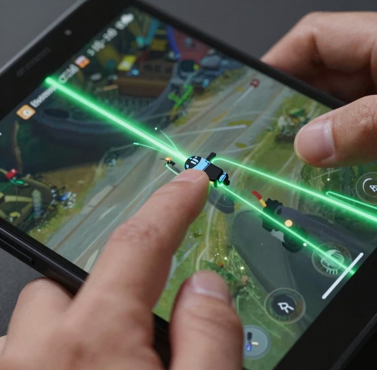 Extreme close-up of a high-fps mobile game running on a premium Android device, finger tapping the screen, electric green trails