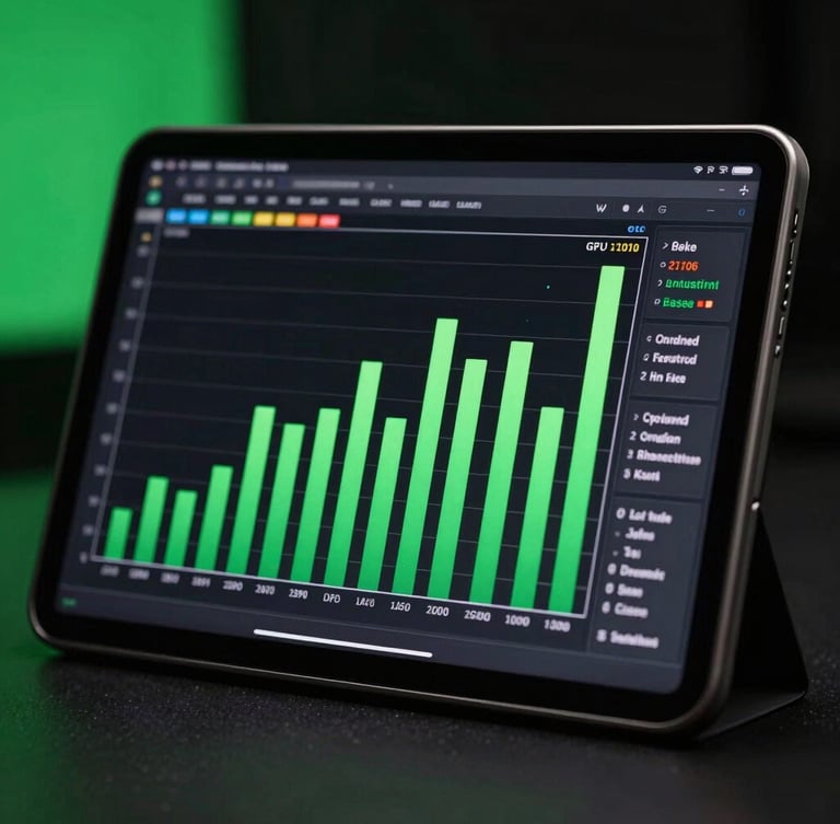 Extreme close-up of a physical Android tablet displaying a real-time GPU rendering profile graph with green bars, low-key studio lighting with a subtle green screen glow.