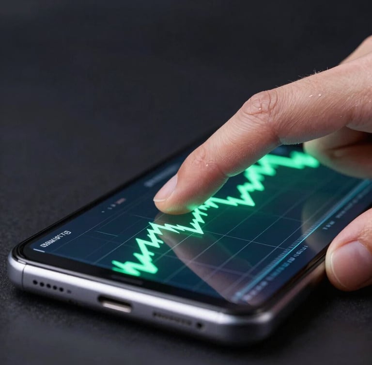 Macro shot of a hand swipe on a high-end Android phone, showing a sharp financial graph with electric green lines glowing under studio lighting, dark background.