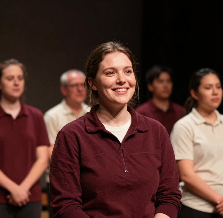 Warm editorial portrait of a local Indiana resident smiling during a community theatre rehearsal, soft stage lighting, rich burgundy and cream tones, intimate candid framing, 35mm film grain