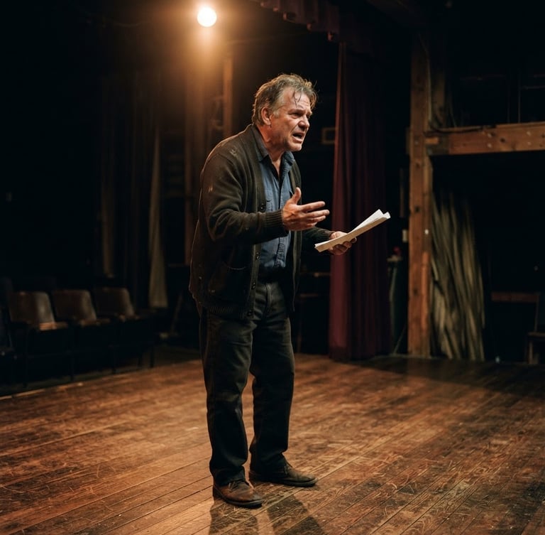 Warm low-key stage lighting, a local Indiana resident rehearsing a dramatic monologue on a wooden stage, intimate candid framing, 35mm film grain