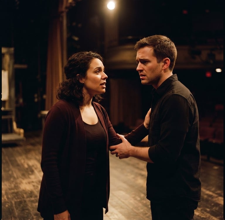Warm low-key stage lighting on two local Indiana actors rehearsing a dramatic scene on a wooden stage, intimate candid 35mm film style