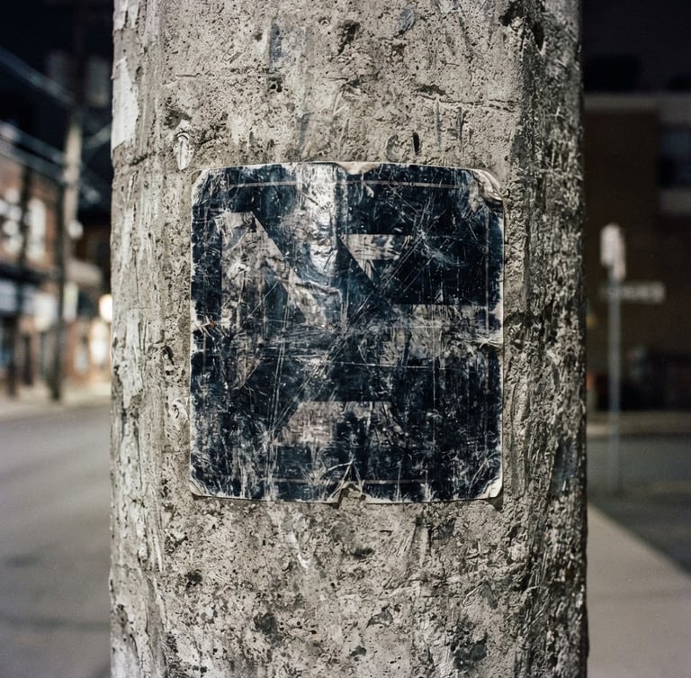 Harsh direct flash photo of a vinyl sticker slapped on a gritty concrete street pole, high-contrast urban texture, 35mm film grain.