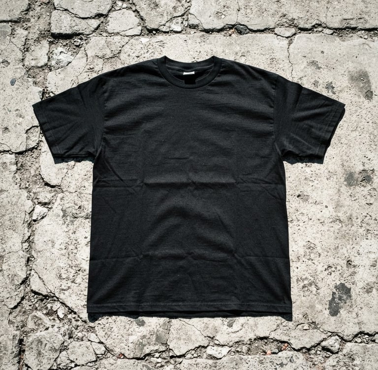Raw flash photography of a heavy black cotton t-shirt flat-lay on cracked concrete, harsh direct sunlight, high-contrast shadows.