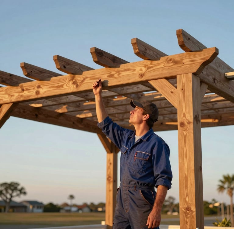 Portrait of an experienced carpenter in clean workwear inspecting a finished pergola structure against a clear Pensacola sky, warm golden-hour light, 35mm.