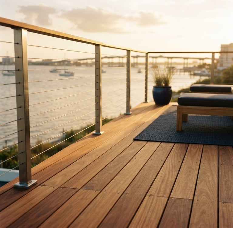 Architectural low-angle shot of a premium ipe wood deck with hidden fasteners, overlooking Pensacola Bay at golden hour, warm coastal sunlight, shallow depth of field, 35mm
