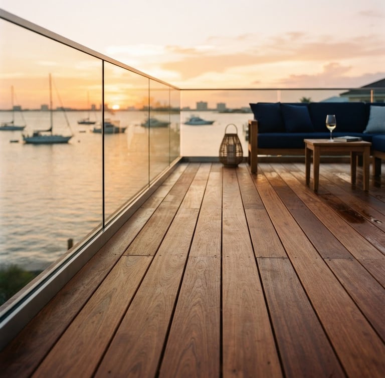 Architectural low-angle shot of a premium ipe wood deck with hidden fasteners, overlooking the Pensacola bay at golden hour, warm coastal sunlight, 35mm.