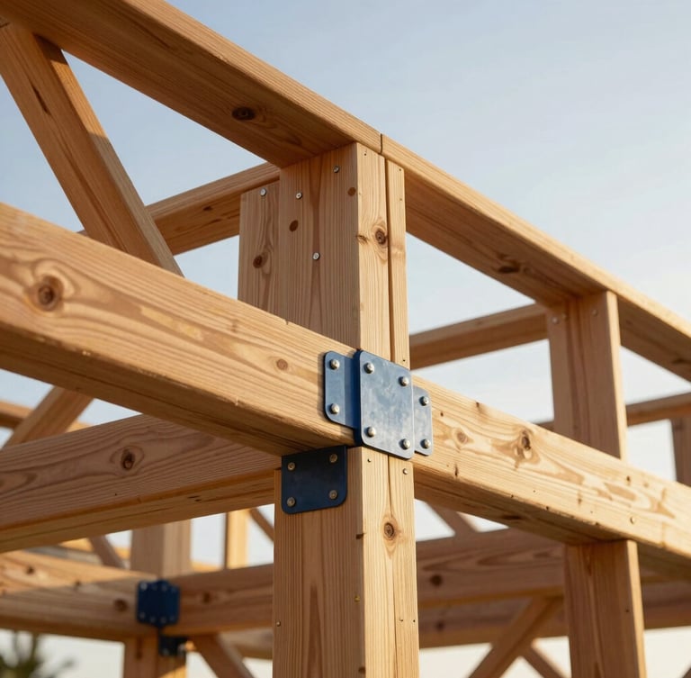 Low-angle architectural photograph of a custom ipe wood deck framing, showcasing heavy-duty galvanized structural connectors and precise timber joinery under bright Florida sun