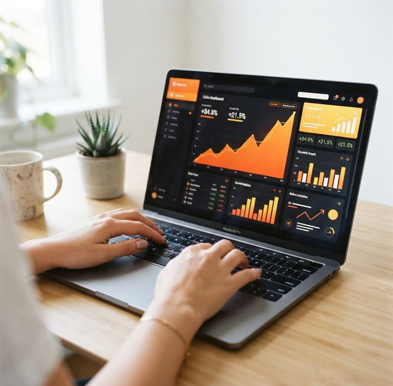 Close-up of hands typing on a laptop displaying a growing sales dashboard, sharp natural light, vibrant orange interface elements, minimalist office setting, 35mm