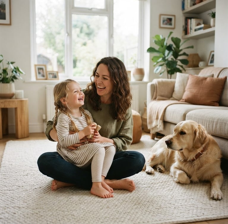 Warm editorial photography, soft natural window light, muted organic tones, candid and authentic, shallow depth of field. A modern, authentic living room where a mother sits on a cream rug, laughing with her young daughter while a golden retriever rests nearby.