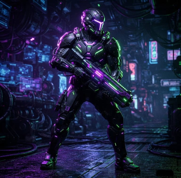 Cinematic 3D render of a futuristic cyber warrior wearing glowing electric purple and neon green armor, dramatic rim lighting, dark cybernetic background, high-contrast game engine capture