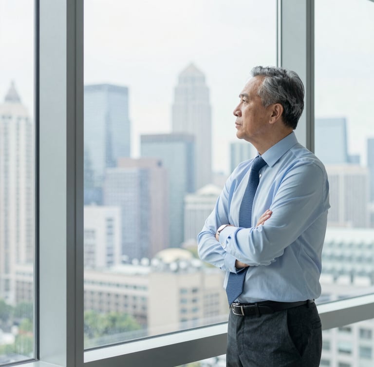 Crisp corporate photography of a focused senior architect standing by a bright window overlooking a city skyline, natural lighting, cool professional tones, 35mm