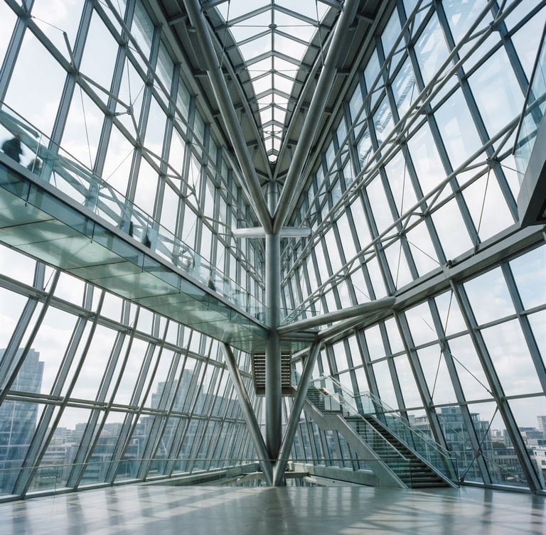 Wide, structured composition of abstract architectural details in a modern corporate building, bright natural lighting, cool professional tones, 35mm