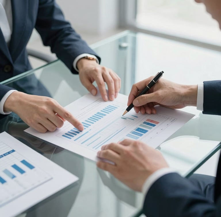 Portrait of hands reviewing clean data visualizations on a glass table, cool professional tones, bright natural lighting, precise architectural framing.