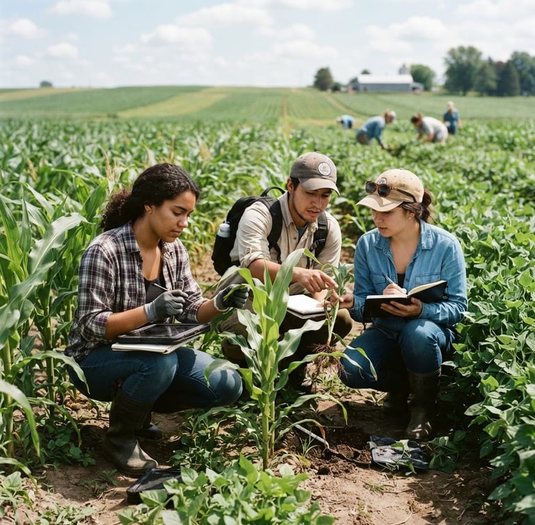 Students actively engaged in agricultural field research, examining plant samples, bright natural daylight, professional documentary style, 35mm.