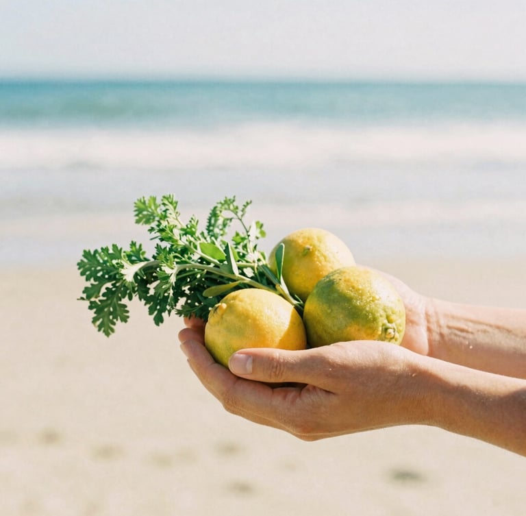 Hands gently holding fresh, sun-dappled coastal herbs and citrus fruits, soft warm daylight, shallow depth of field