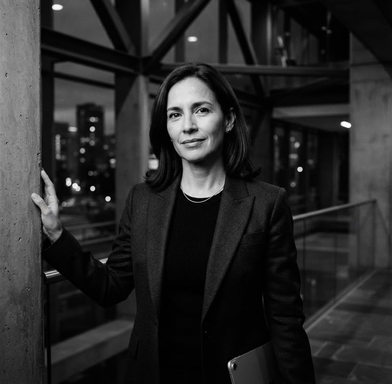 Retrato corporativo de Liliana Tibaquirá, en blanco y negro, con iluminación dramática y de bajo contraste, en un entorno arquitectónico moderno, tomada con lente de 35mm.