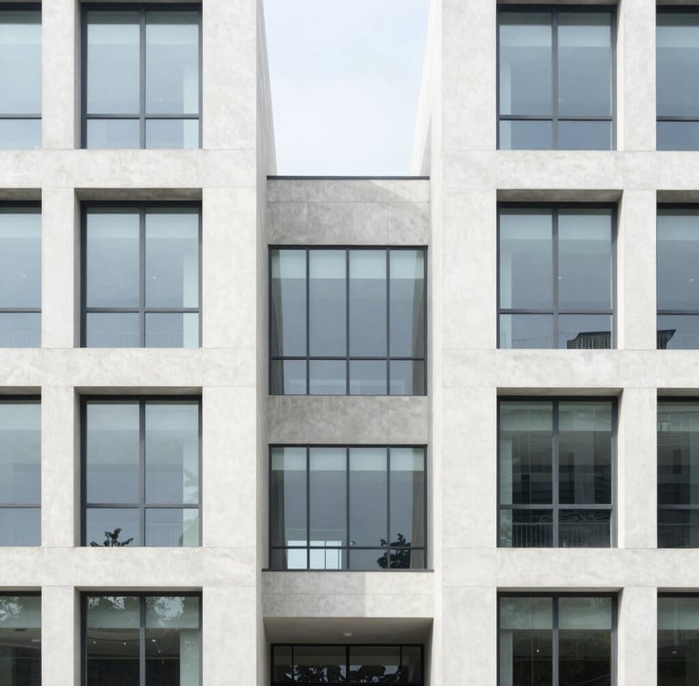 Symmetrical architectural details of a modern concrete and glass commercial building, bright diffused daylight, ultra-sharp 35mm