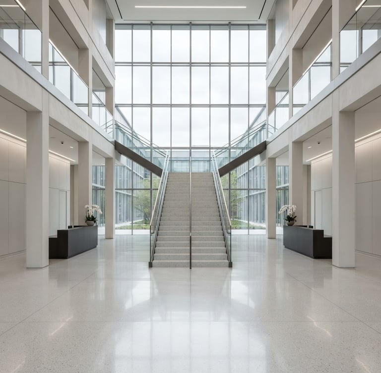 Symmetrical orthogonal shot of a minimalist corporate lobby, clean white concrete pillars, polished terrazzo floor, bright diffused overcast daylight filtering through expansive structural glass, ultra-sharp 35mm