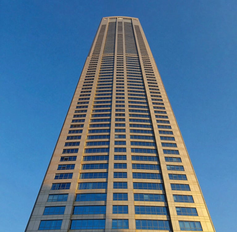Low-angle heroic shot of a modern Riyadh skyscraper under golden hour sunlight, deep royal blue sky, clean architectural lines, 35mm lens