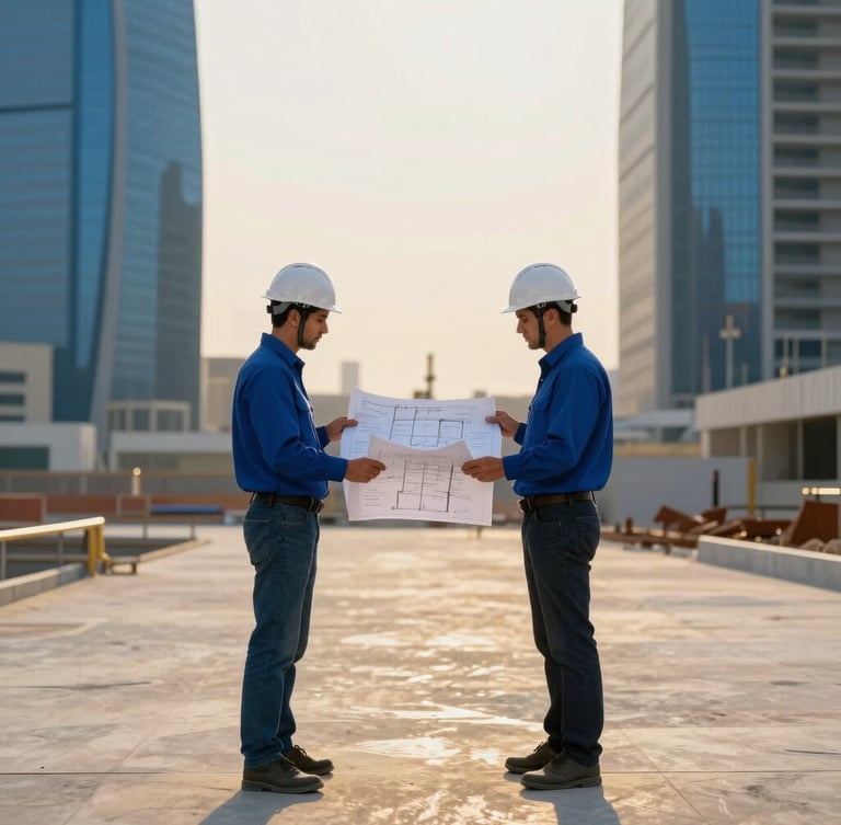 Symmetrical shot of an engineer in a white hard hat reviewing architectural blueprints on a clean, modern Riyadh construction site, soft golden hour lighting casting long shadows, professional architectural photography