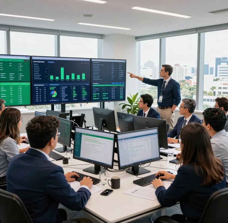 Wide environmental office shot of a modern campaign war room in São Paulo, focused professionals analyzing data dashboards on screens, bright natural daylight, deep navy and emerald accents, sharp focus, 35mm