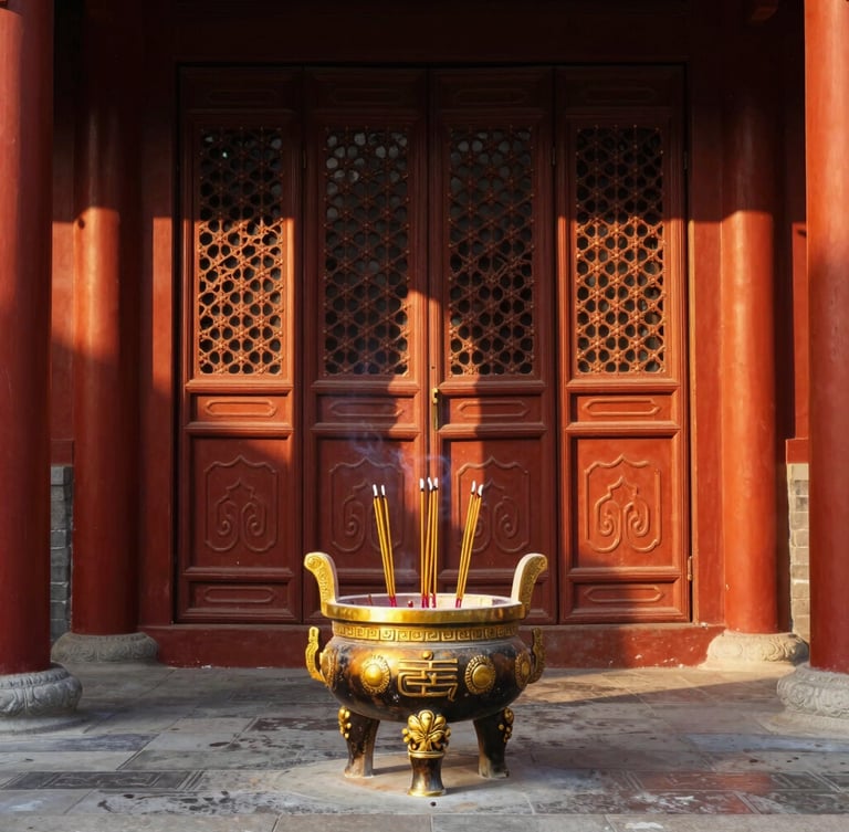 Symmetrical medium format photo of an ancient Tang Dynasty ancestral hall, warm golden-hour light piercing through dark mahogany screens, burning incense in a heavy bronze vessel, rich vermilion columns in the background