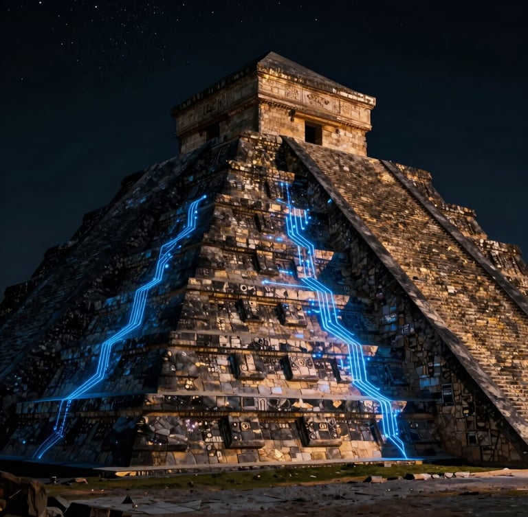 Wide cinematic shot of an ancient stone pyramid with glowing electric blue holographic circuit lines wrapping around its facade, dramatic low-key lighting, anamorphic lens, obsidian texture, night sky filled with stars.