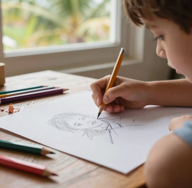 A child absorbed in drawing, natural daylight from a window illuminating the textured paper, colorful pencil shavings on a wooden table, authentic creative process, warm tropical atmosphere