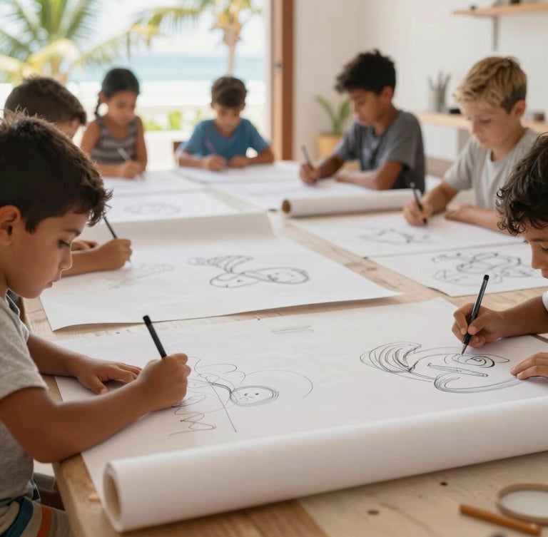 Bright sun-drenched physical workshop studio in Cancun, children sketching on large rolls of paper spread across the floor, authentic creative process