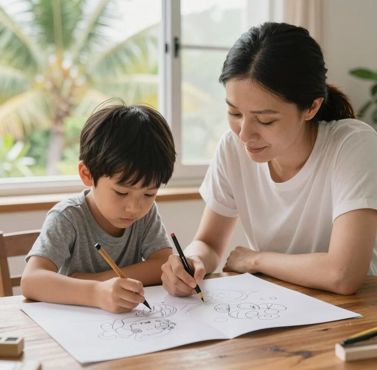 A mother and child sitting together at a wooden table, collaborating on a large drawing, warm natural light coming from a window, peaceful atmosphere