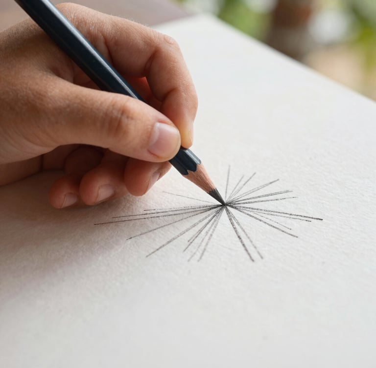 Macro close-up of a child's hand holding a thick graphite pencil, sketching bold, confident lines on thick, textured watercolor paper, warm natural tropical daylight, shallow depth of field