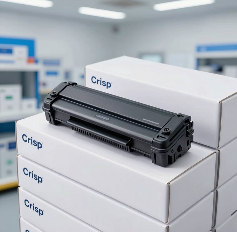 Crisp studio product photography of neatly stacked bulk toner boxes in a modern, brightly lit warehouse with cool white and technical blue undertones, sharp focus.