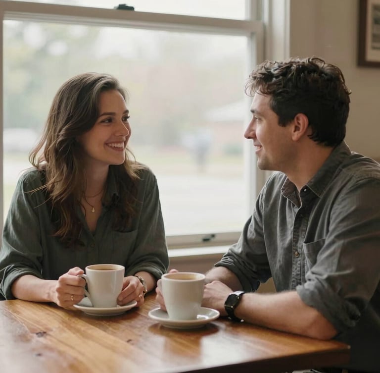 Warm medium shot of two local Ohio community advocates sitting side-by-side at a wooden table, talking warmly over coffee, soft morning light filtering through a window, unposed documentary style.