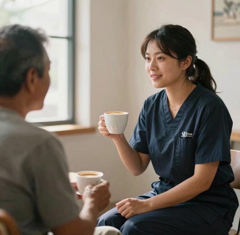 A warm, natural light photograph of a staff member sitting side-by-side with a local resident in a bright room, talking over a cup of coffee, unposed and authentic.