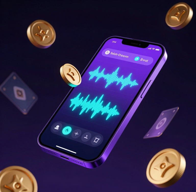 Close-up 3D render of a sleek smartphone floating in dark space, glowing purple and cyan interface showing active voice room waves, gold metallic game tokens and Baloot cards orbiting the device, dramatic low-key studio lighting with deep navy background.