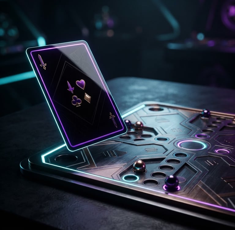 Sleek 3D render of a glossy black Baloot playing card with glowing electric purple borders, hovering next to a stylized metallic Jackaroo board, dark studio background, neon cyan rim lights, dramatic depth of field