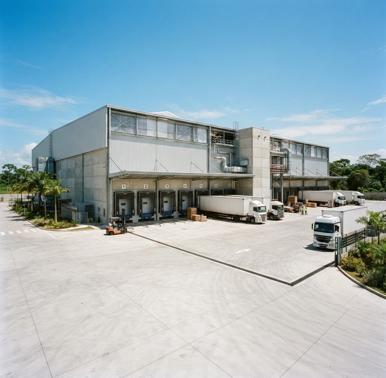 Bright daylight photograph of a modern industrial warehouse exterior in Manaus, clean concrete pavement, clear blue sky, professional engineering context, 35mm