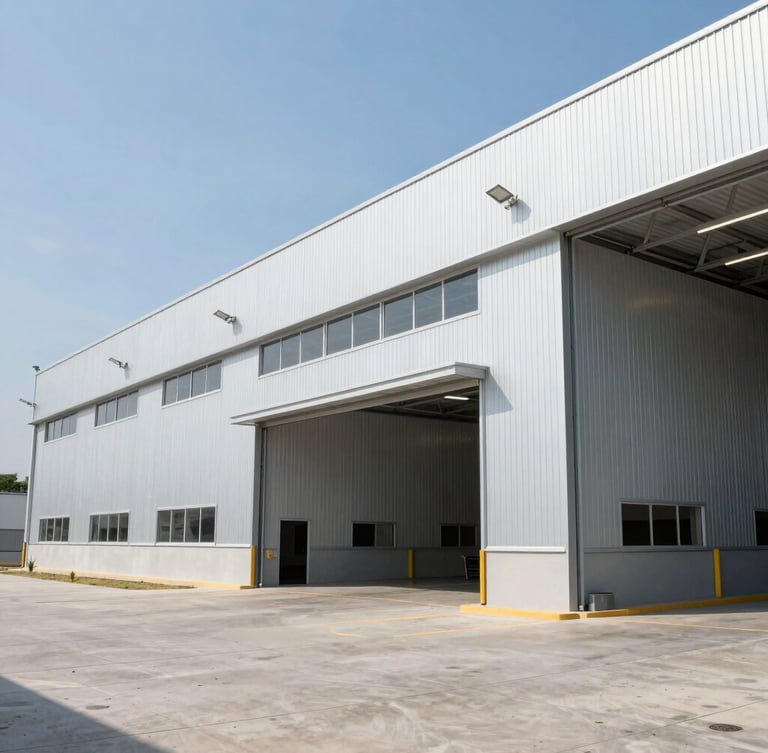 Wide shot of a modern clean warehouse exterior in Manaus under bright equatorial daylight, sharp architectural details, 35mm