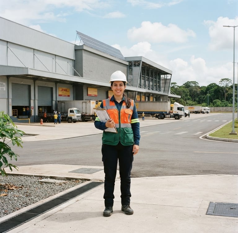 An environmental engineer in a white hardhat and safety vest holding a clipboard, standing in front of a modern commercial warehouse in Manaus, bright natural daylight, 35mm photography.