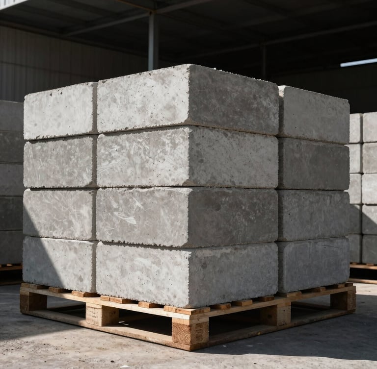Low-angle wide shot of heavy concrete blocks stacked on wooden pallets in direct high-contrast Abu Dhabi sunlight, deep shadows, raw industrial yard background.