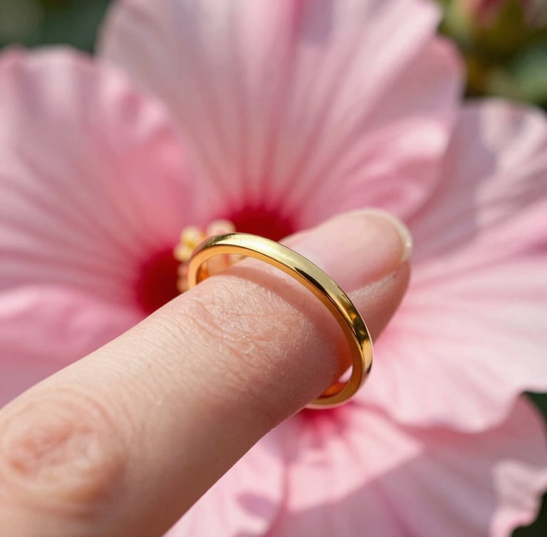 Macro close-up of a delicate gold ring worn on a finger, warm natural sunlight, soft pink hibiscus petals in the soft-focus background, crisp metal details.