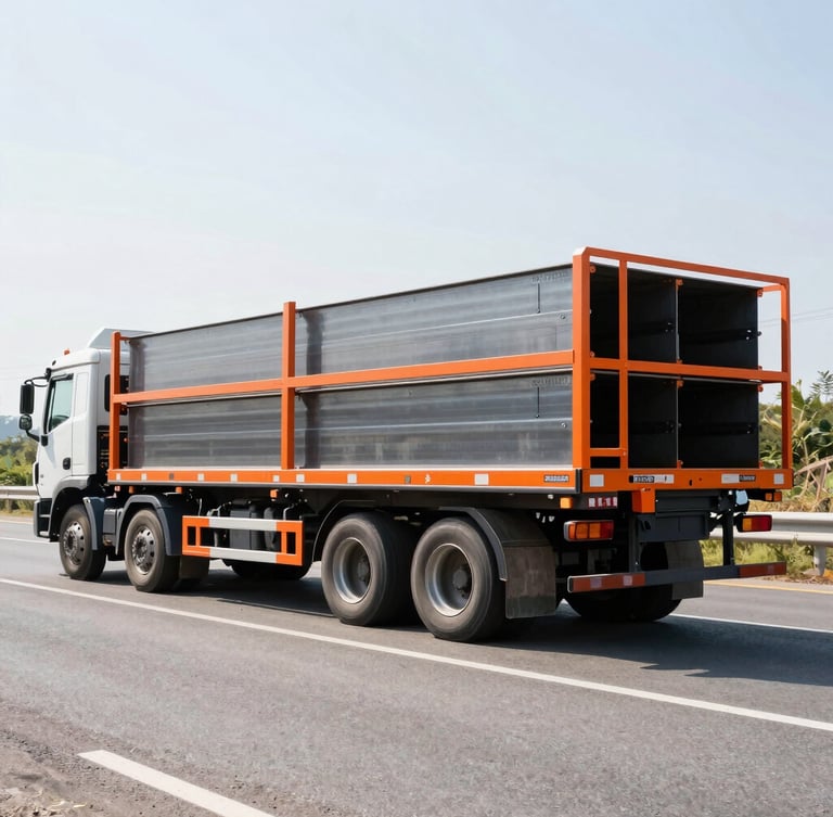 Wide-angle shot of a clean Shraeal Shmal flatbed truck carrying heavy industrial steel on a bright highway, high-contrast daylight, safety orange details, 35mm