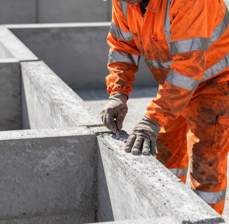 Medium close-up of a certified mason in high-visibility safety orange gear working on structured concrete masonry under bright daylight, sharp focus, 35mm