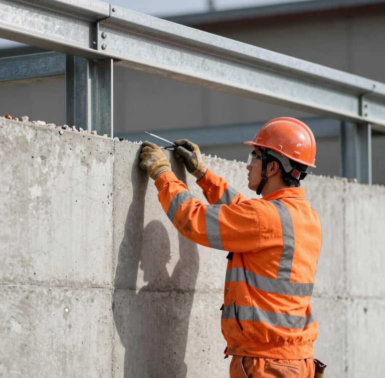 A certified mason in high-visibility orange gear working on structured concrete walls, close-up, sharp focus, bright daylight