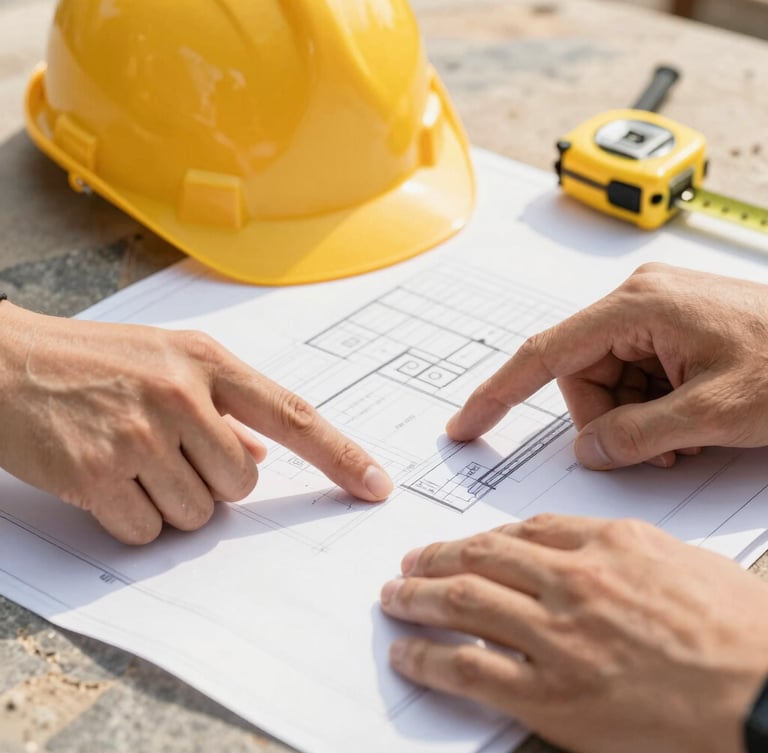 Close-up of a construction blueprint being reviewed by two hands, one pointing to a detail, with a hard hat and measuring tape in the background, bright natural daylight, warm sand and slate tones, sharp focus, 35mm lens