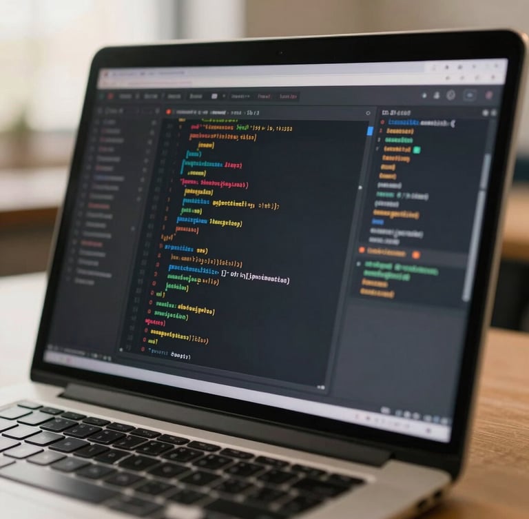Close-up of a high-resolution laptop screen displaying complex SEO analytics, code wireframes, soft gold ambient lighting, shallow depth of field