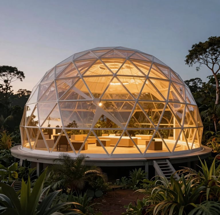 A futuristic geodesic dome nestled high in the Queensland rainforest canopy, glowing warm gold light from within, twilight sky, ultra realistic architectural render.